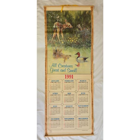 Giftco Bamboo Scroll Calendar Two-Sided 1990 1991 Wall Hang Footprints Deer Duck - Picture 16 of 16